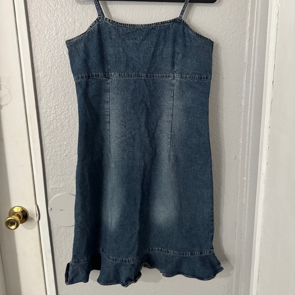 Y2K Me and You Denim Mini Dress | Size L | Ruffle Hem & Spaghetti‎ Straps